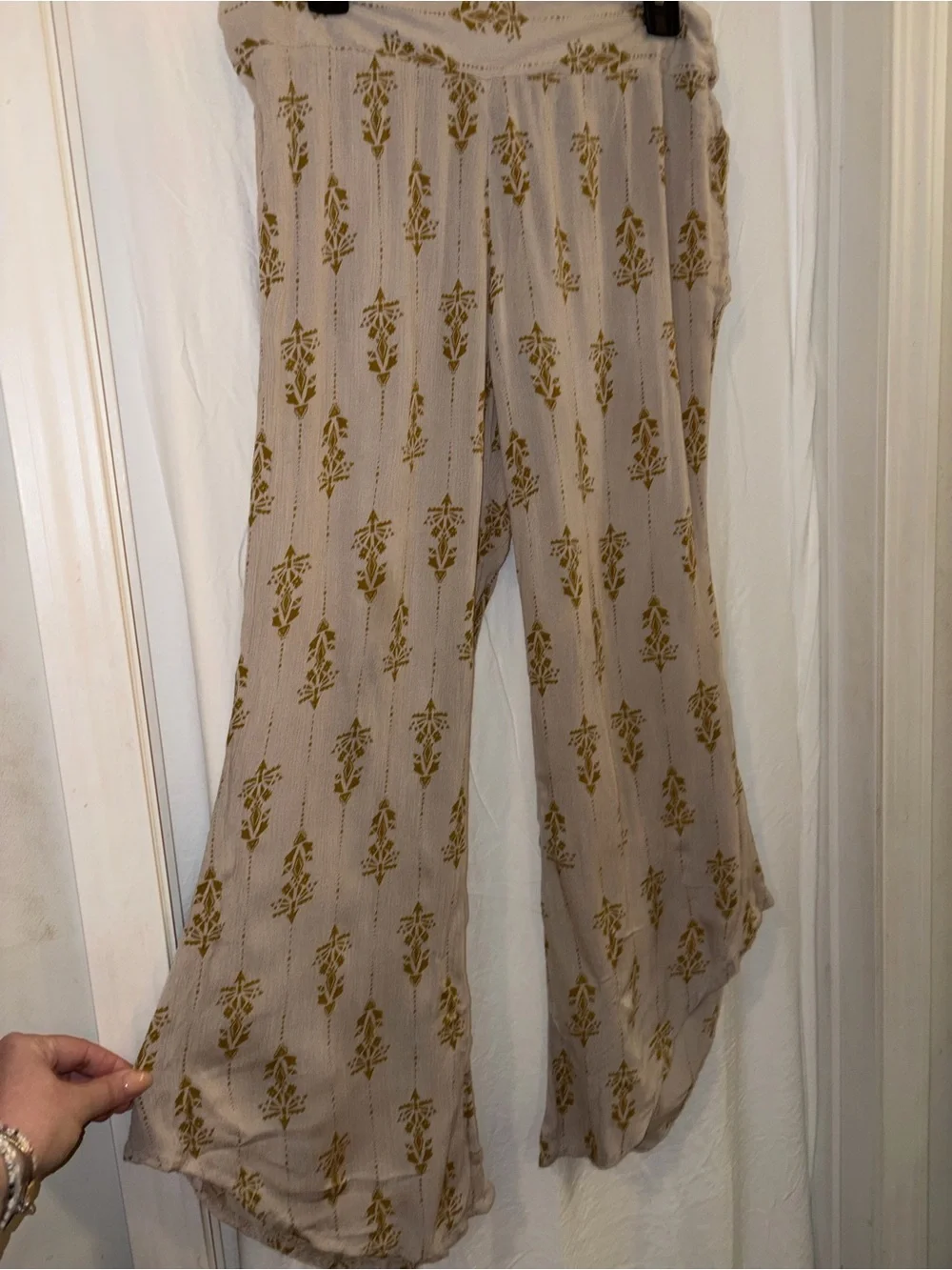 Free People Taupe Wide Leg Printed Pants with Mustard Motif